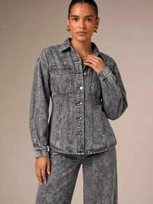 AiiRZ Acid Wash Denim Corset Shacket With Long Balloon Sleeves Chest Pockets Button Down Fitted Waist Jacket - Grey - View 5