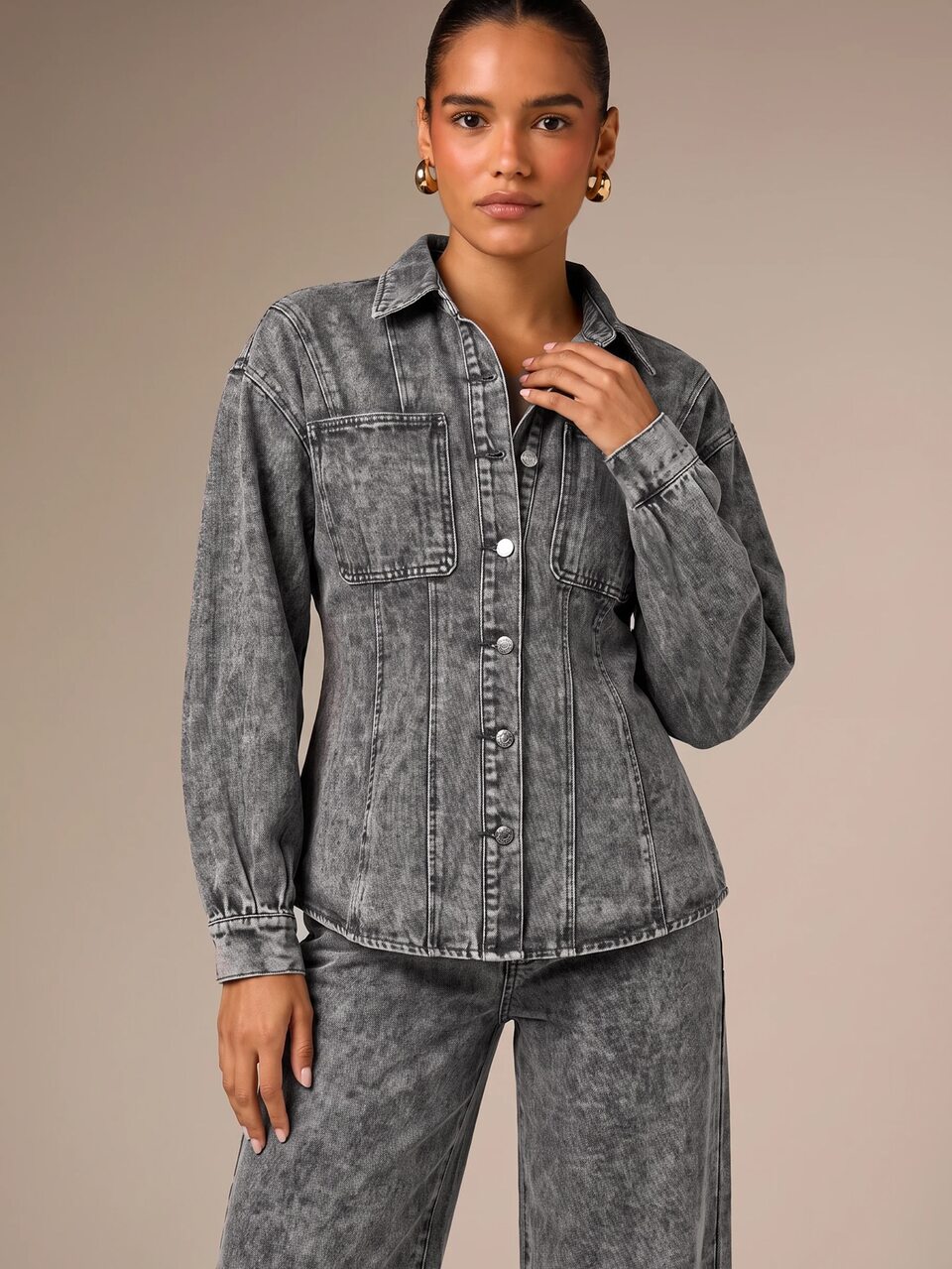 AiiRZ Acid Wash Denim Corset Shacket With Long Balloon Sleeves Chest Pockets Button Down Fitted Waist Jacket