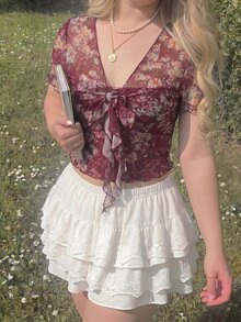 SHEIN MOD Plus Size Floral Print Cropped Pleated Tie Bow T-Shirt - Red Violet - View 5