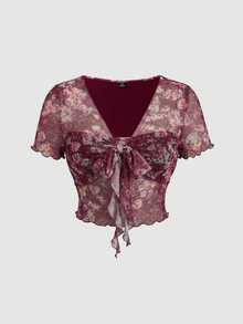 SHEIN MOD Plus Size Floral Print Cropped Pleated Tie Bow T-Shirt - Red Violet - View 6