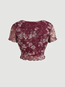 SHEIN MOD Plus Size Floral Print Cropped Pleated Tie Bow T-Shirt - Red Violet - View 7