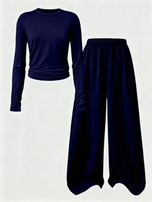 SHEIN 女童休閒舒適修身長袖T恤與舒適鬆緊腰寬腿寬鬆長褲2件套 - 藏蓝色 - 查看 2