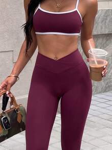 SHEIN Sports Women's Solid Color Seamless Naked Feel High Waist Butt Lifting Tight Fit Sports Leggings - Burgundy - View 6