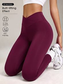 SHEIN Sports Women's Solid Color Seamless Naked Feel High Waist Butt Lifting Tight Fit Sports Leggings - Burgundy - View 1