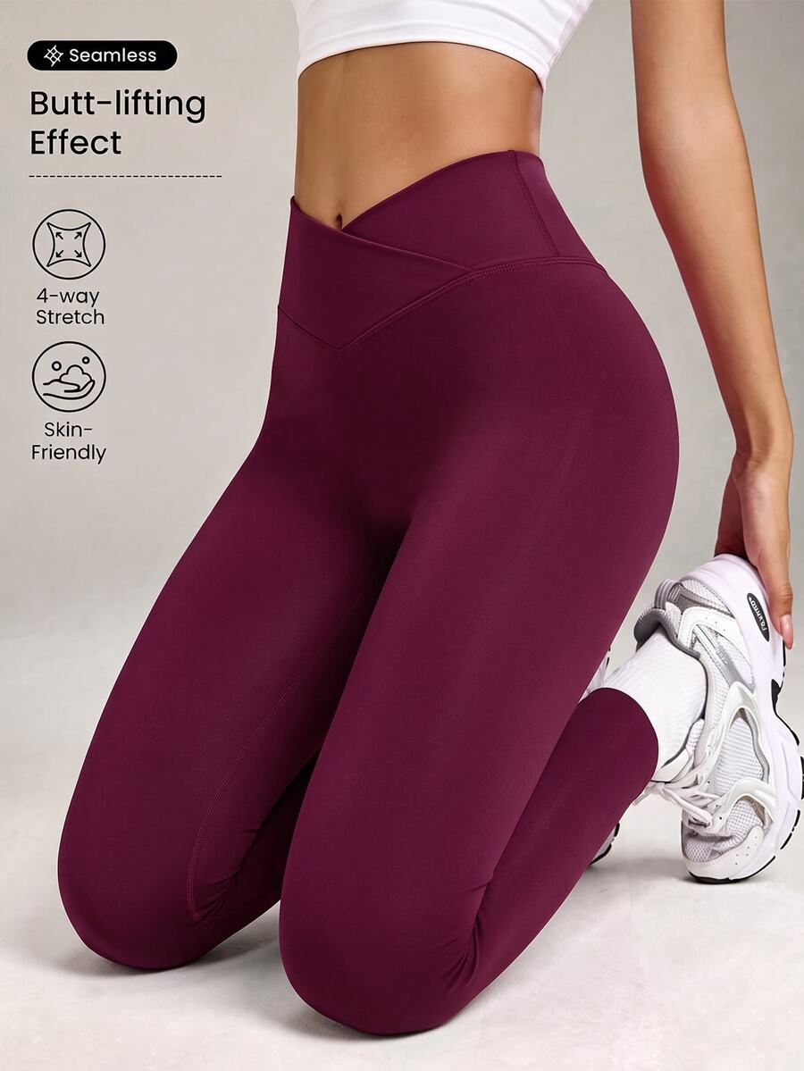 SHEIN Sports Women's Solid Color Seamless Naked Feel High Waist Butt Lifting Tight Fit Sports Leggings - Burgundy - View 1