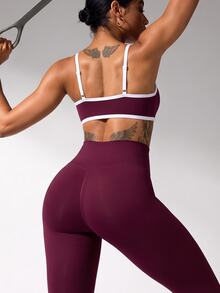 SHEIN Sports Women's Solid Color Seamless Naked Feel High Waist Butt Lifting Tight Fit Sports Leggings - Burgundy - View 5