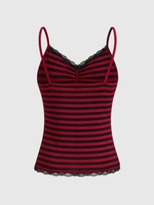 ROMWE Camiseta de tirantes con encaje a rayas en rojo vino/negro - Burdeos - Ver 2