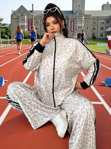 SHEIN EZwear 灰色印花休閒女款大尺碼前拉鍊夾克與長褲套裝，適合度假、騎行、秋季穿著 - 彩色 - 查看 2