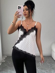 Rafferiza 修身蕾絲飾邊V領細肩帶不對稱下擺性感甜美白色黑色波點背心上衣 蕾絲上衣 - 彩色 - 查看 5