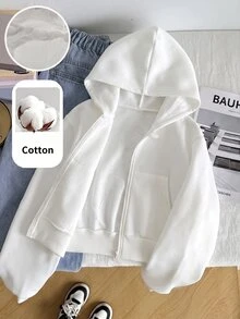 SHEIN 青少年女孩寬鬆休閒基礎極簡舒適街頭風連帽修身前短款長袖冬季夾克 白色秋季 - 白色 - 查看 8