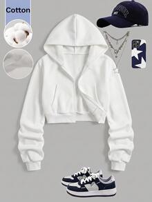 SHEIN 青少年女孩寬鬆休閒基礎極簡舒適街頭風連帽修身前短款長袖冬季夾克 白色秋季 - 白色 - 查看 7