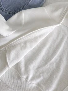 SHEIN 青少年女孩寬鬆休閒基礎極簡舒適街頭風連帽修身前短款長袖冬季夾克 白色秋季 - 白色 - 查看 5