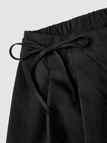 SHEIN MOD Plus Size Women's Soft Form Casual Modest Black Wide-Leg Trousers With Side Ties Autumn Formal Office - Black - View 2