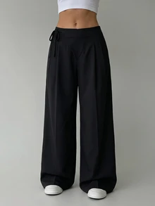 SHEIN MOD Plus Size Women's Soft Form Casual Modest Black Wide-Leg Trousers With Side Ties Autumn Formal Office - Black - View 7