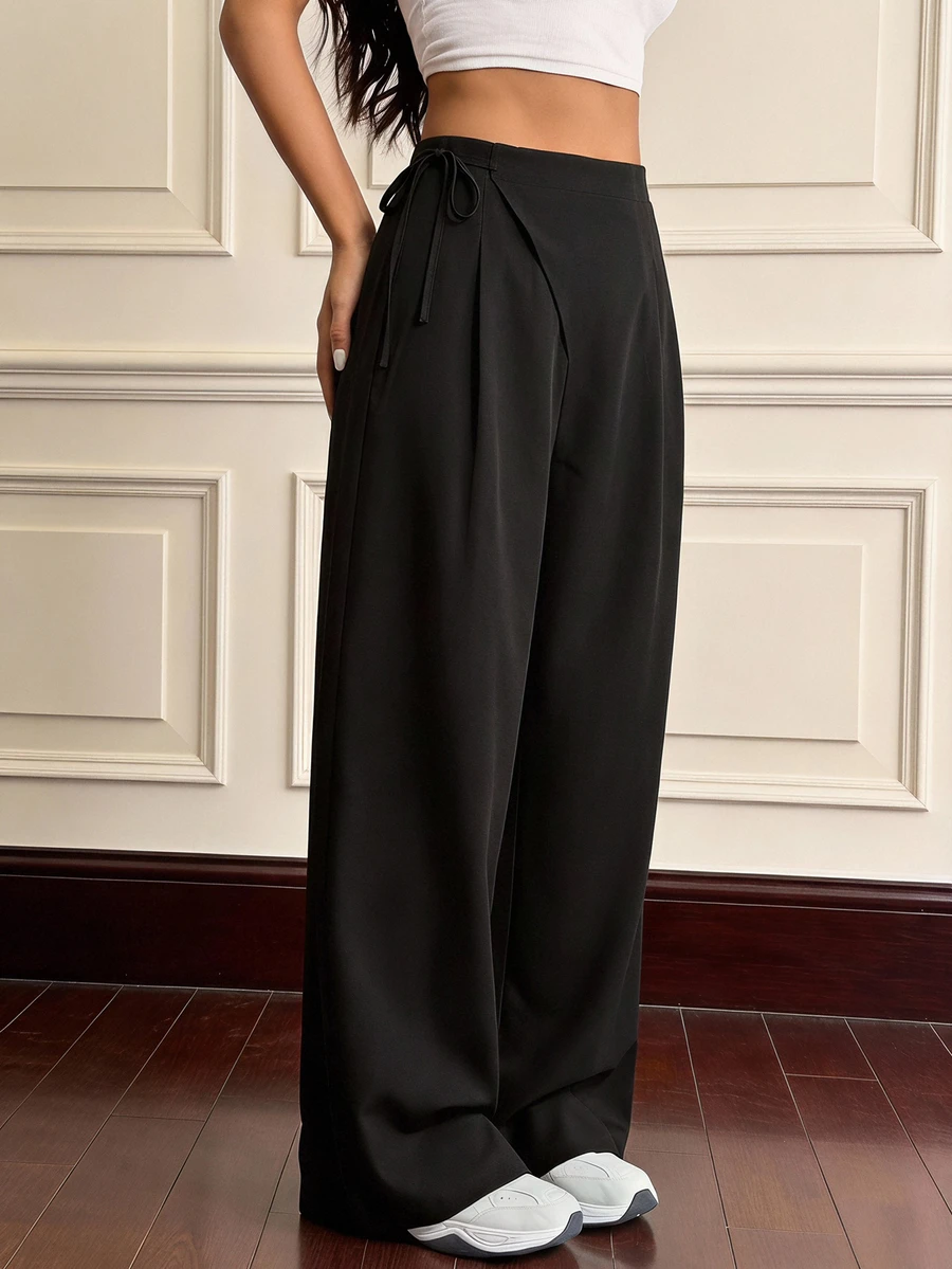 SHEIN MOD Plus Size Women's Soft Form Casual Modest Black Wide-Leg Trousers With Side Ties Autumn Formal Office - Black - View 1