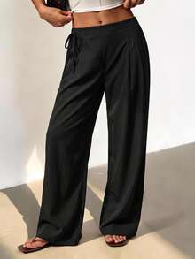 SHEIN MOD Plus Size Women's Soft Form Casual Modest Black Wide-Leg Trousers With Side Ties Autumn Formal Office - Black - View 6