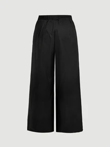 SHEIN MOD Plus Size Women's Soft Form Casual Modest Black Wide-Leg Trousers With Side Ties Autumn Formal Office - Black - View 4