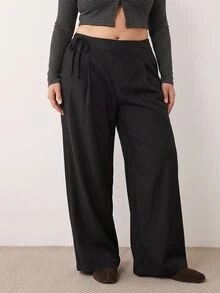 SHEIN MOD Plus Size Women's Soft Form Casual Modest Black Wide-Leg Trousers With Side Ties Autumn Formal Office - Black - View 9