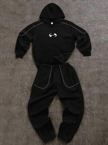 SHEIN 青少年男孩休閒舒適百搭連帽衫與長褲套裝 - 黑色 - 查看 7