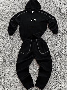 SHEIN 青少年男孩休閒舒適百搭連帽衫與長褲套裝 - 黑色 - 查看 1