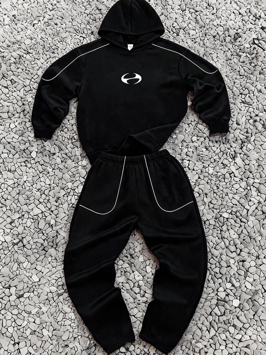 SHEIN 青少年男孩休閒舒適百搭連帽衫與長褲套裝 - 黑色 - 查看 1