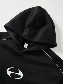 SHEIN 青少年男孩休閒舒適百搭連帽衫與長褲套裝 - 黑色 - 查看 2