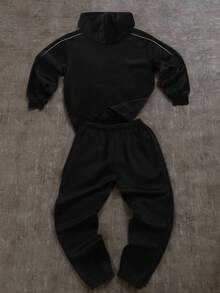 SHEIN 青少年男孩休閒舒適百搭連帽衫與長褲套裝 - 黑色 - 查看 6