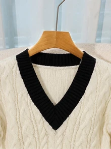 Franclia New Autumn/Winter Loose Gentle Sweet Pink Slouchy Design V-Neck Thick Cable Knit Niche Versatile Women's Pullover Sweater - Black and White - View 5