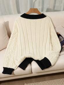 Franclia New Autumn/Winter Loose Gentle Sweet Pink Slouchy Design V-Neck Thick Cable Knit Niche Versatile Women's Pullover Sweater - Black and White - View 2