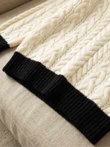 Franclia New Autumn/Winter Loose Gentle Sweet Pink Slouchy Design V-Neck Thick Cable Knit Niche Versatile Women's Pullover Sweater - Black and White - View 6