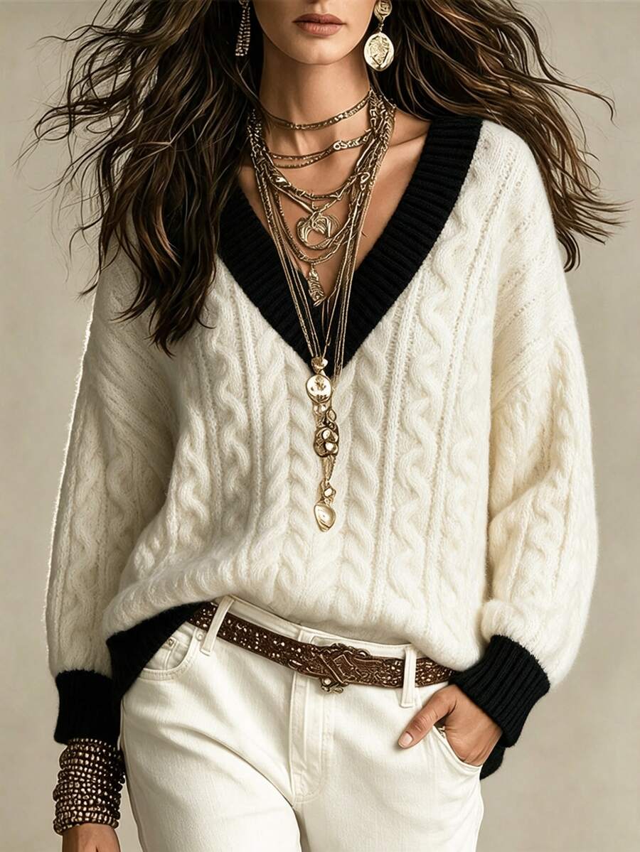 Franclia New Autumn/Winter Loose Gentle Sweet Pink Slouchy Design V-Neck Thick Cable Knit Niche Versatile Women's Pullover Sweater - Black and White - View 1