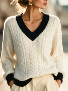 Franclia New Autumn/Winter Loose Gentle Sweet Pink Slouchy Design V-Neck Thick Cable Knit Niche Versatile Women's Pullover Sweater - Black and White - View 7