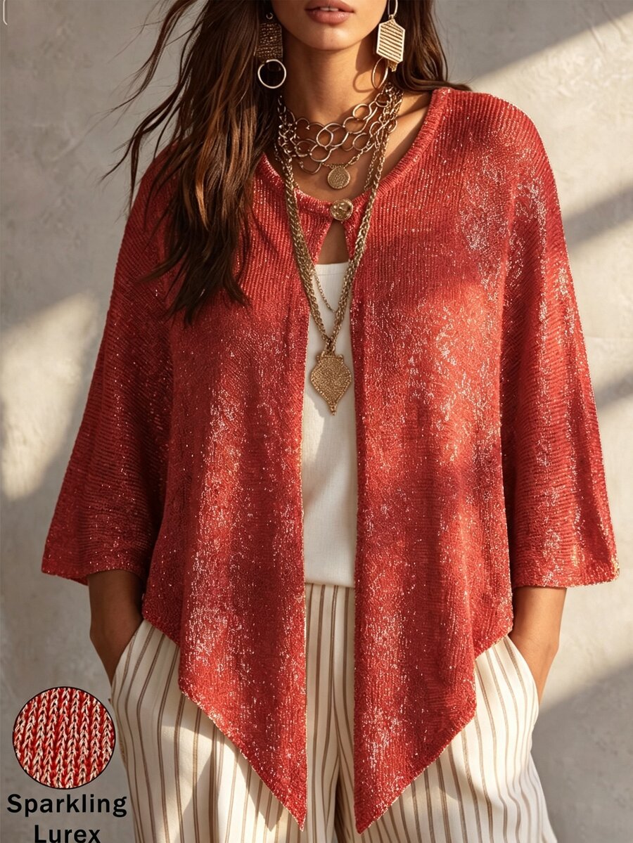 Linhara CURVE 2026 New Plus Size Women's Solid Color Knit Cardigan With Gold And Silver Metallic Thread, Elegant Shawl Style, Suitable For Romantic Vacation, Plus Size Women's Cardigan Sweater - Red - View 1