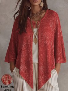Linhara CURVE 2026新款大尺碼女款純色針織開襟衫，金銀金屬線點綴，優雅披肩領設計，適合浪漫度假，大尺碼女款開襟毛衣 - 紅色 - 查看 5