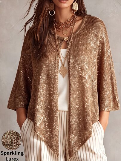 Velvienne 2026 Nuevo Cárdigan de Punto de unicolor para Mujer Talla Grande con Hilo Metálico Dorado y Plateado, Estilo Elegante de Chal, Adecuado para Vacaciones Románticas, Cárdigan de Punto para Mujer Talla Grande