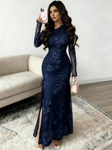 SHEIN Raffinéa 女款不對稱單肩網紗拼接提花優雅收腰派對休閒洋裝 - 藏蓝色 - 查看 5
