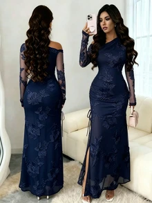 SHEIN Raffinéa 女款不對稱單肩網紗拼接提花優雅收腰派對休閒洋裝 - 藏蓝色 - 查看 3