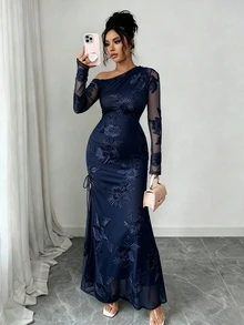 SHEIN Raffinéa 女款不對稱單肩網紗拼接提花優雅收腰派對休閒洋裝 - 藏蓝色 - 查看 1