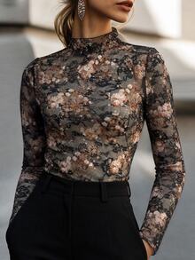 SHEIN 女款花卉印花休閒百搭日常穿搭上衣 - 黑色 - 查看 6