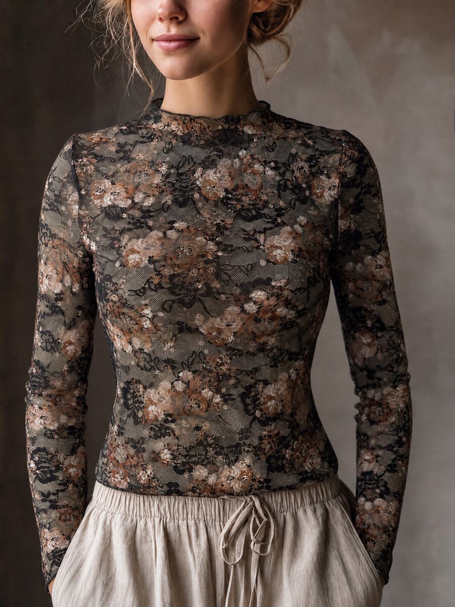 SHEIN 女款花卉印花休閒百搭日常穿搭上衣 - 黑色 - 查看 1