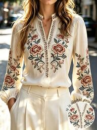 SHEIN Women's V-Neck Long Sleeve Floral Print Blouse, Elegant Versatile Casual Commuter Business Vacation Style Top