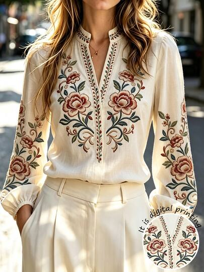 Trelyra Women's V-Neck Long Sleeve Floral Print Blouse, Elegant Versatile Casual Commuter Business Vacation Style Top