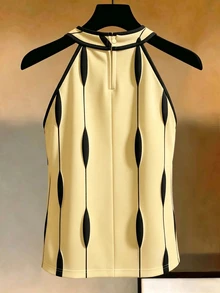 SHEIN Franclia 女款春夏黑色米色背心上衣 掛脖圓領對比飾邊無袖 優雅極簡浪漫休閒上班早午餐穿搭 - 鵝黃色 - 查看 2