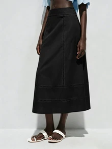 Lumivelle Women's Summer Solid Color Cotton-Feel Hollow Out A-Line Skirt - Black - View 6