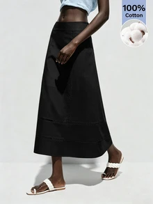 Lumivelle Women's Summer Solid Color Cotton-Feel Hollow Out A-Line Skirt - Black - View 7