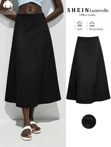 Lumivelle Women's Summer Solid Color Cotton-Feel Hollow Out A-Line Skirt - Black - View 2