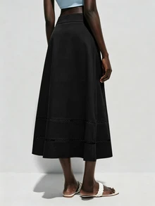 Lumivelle Women's Summer Solid Color Cotton-Feel Hollow Out A-Line Skirt - Black - View 3