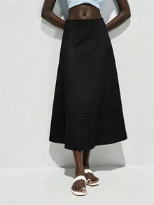 Lumivelle Women's Summer Solid Color Cotton-Feel Hollow Out A-Line Skirt - Black - View 4