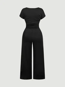 SHEIN MOD 大尺碼女款蕾絲荷葉邊休閒日常短袖連身褲 - 黑色 - 查看 5