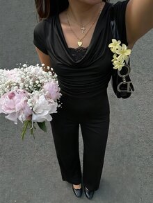 SHEIN MOD 大尺碼女款蕾絲荷葉邊休閒日常短袖連身褲 - 黑色 - 查看 13